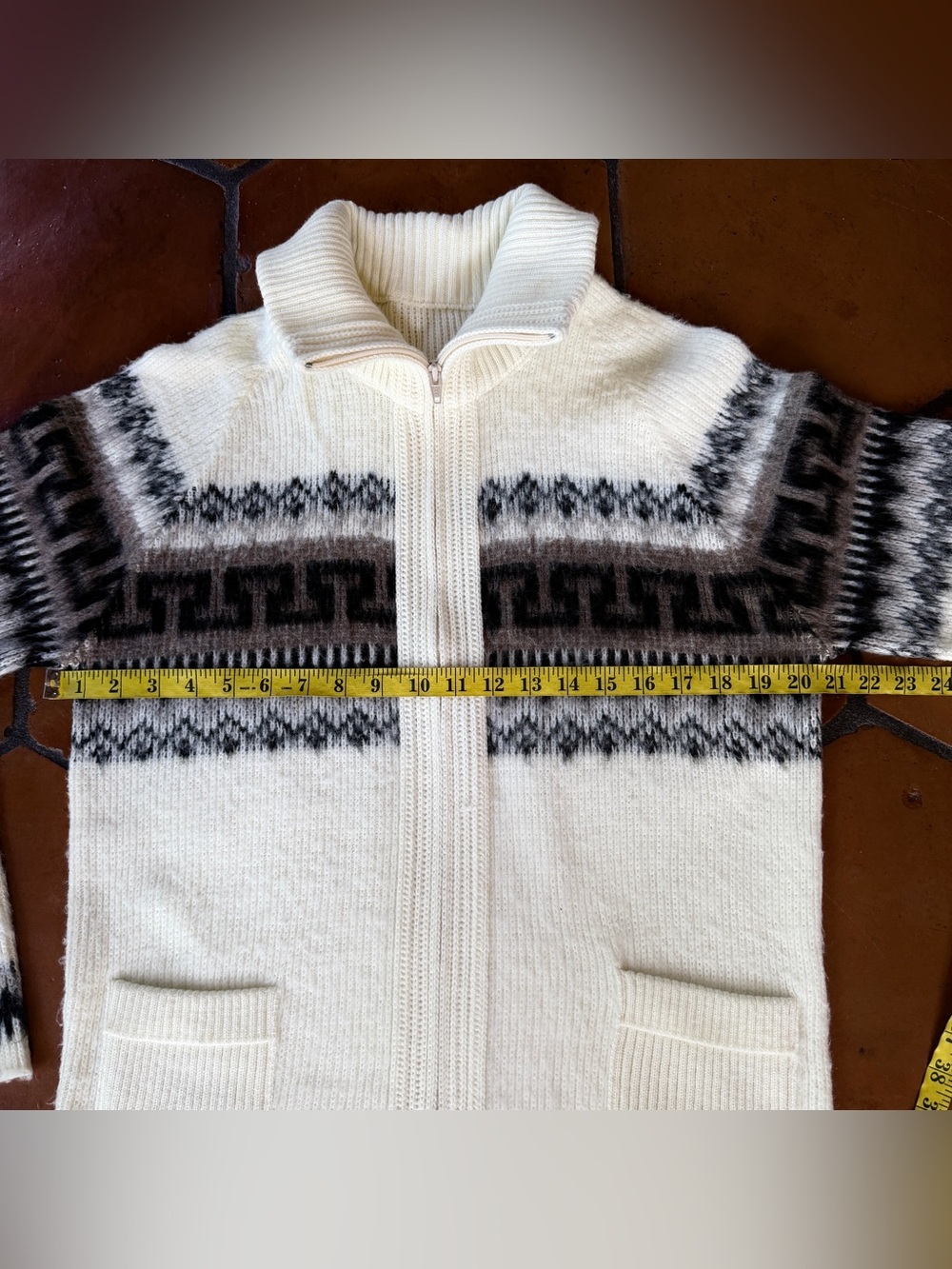 Vintage 70s Alpaca Wool Zip Cardigan Womens M Llama Aztec Fair Isle Knit Sweater - Picture 6 of 6